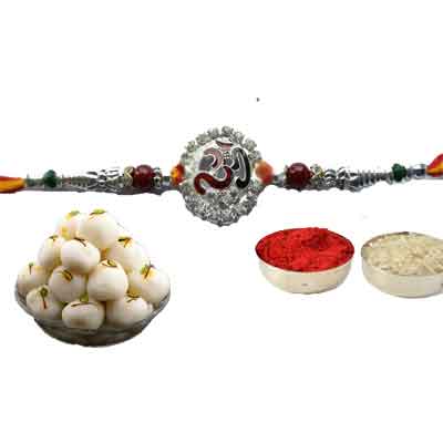 Silver Om Rakhi With Rasgulla