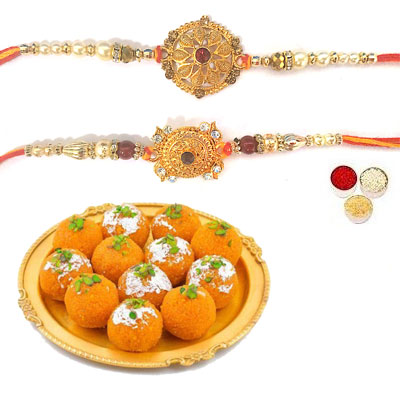 Set Of 2 Designer Rakhi With laddu