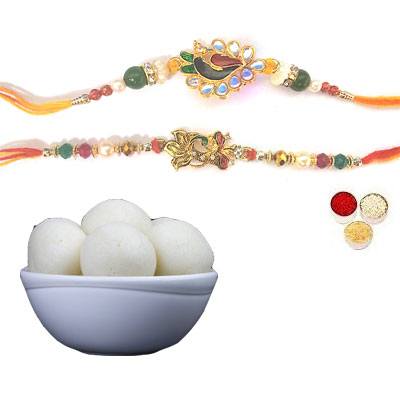 Set Of 2 Peacock Rakhi With Rasgulla