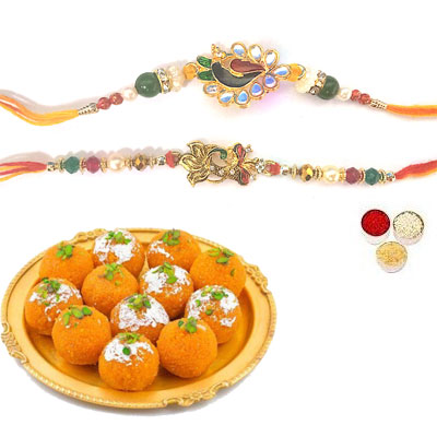 Set Of 2 Peacock Rakhi With Laddu