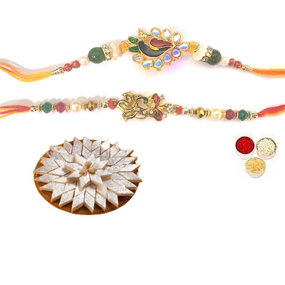 Set Of 2 Peacock Rakhi With Kaju Katli