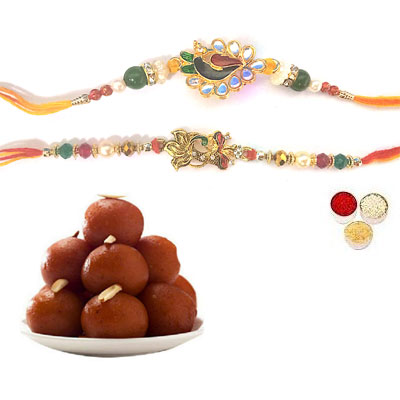 Set Of 2 Peacock Rakhi With Gulab Jamun