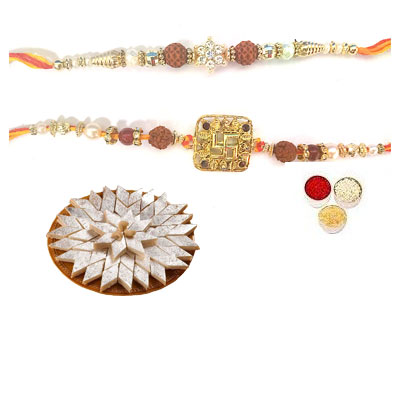 Set Of 2 Rudraksha Rakhi With Kaju Katli