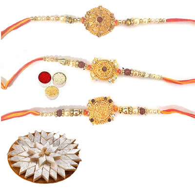 Set Of 3 Designer Rakhi With Kaju Katli