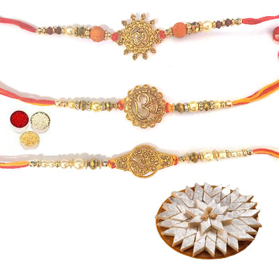 Set Of 3 Om Rakhi With Kaju Katli