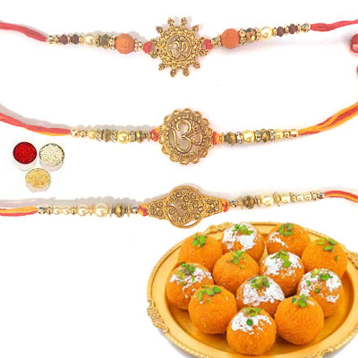 Set Of 3 Om Rakhi With Laddu