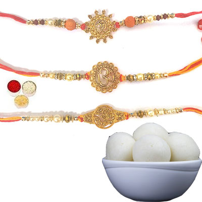 Set Of 3 Om Rakhi With Rasgulla