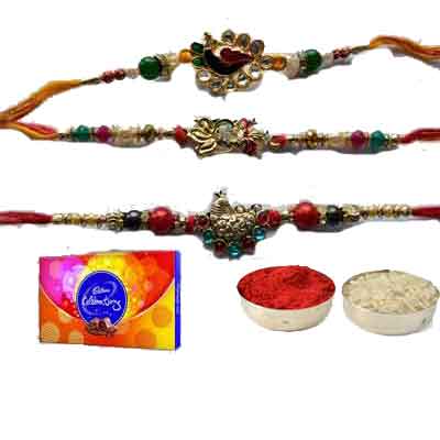 Set Of 3 Peacock Rakhi With Celebration