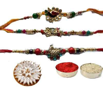 Set Of 3 Peacock Rakhi With Kaju Katli