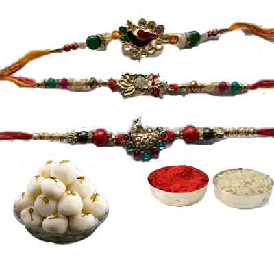 Set Of 3 Peacock Rakhi With Rasgulla