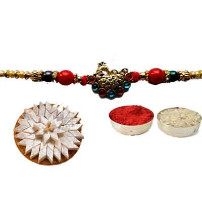 Peacock Rakhi For Brother With Kaju Katli