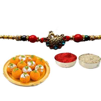 Peacock Rakhi For Brother With laddu