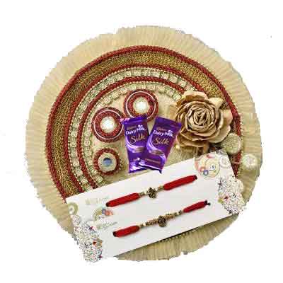 Fancy Rakhi Thali with 2 Rakhi Set, Silk