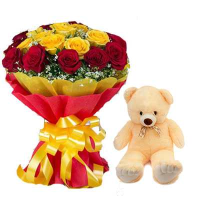 Red Yellow Bouquet with Teddy