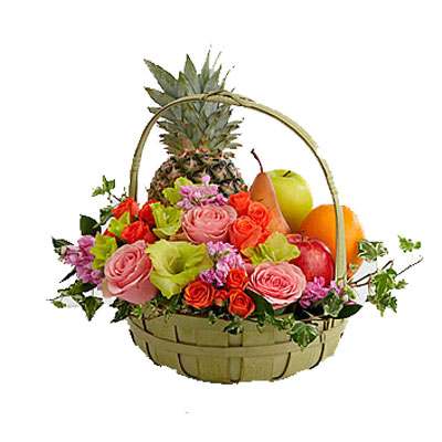 Decorated Fruit Basket with Mix Roses