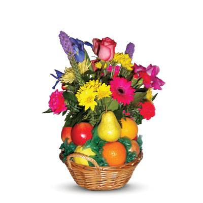 Decorated Fruit Basket with Mix Flowers