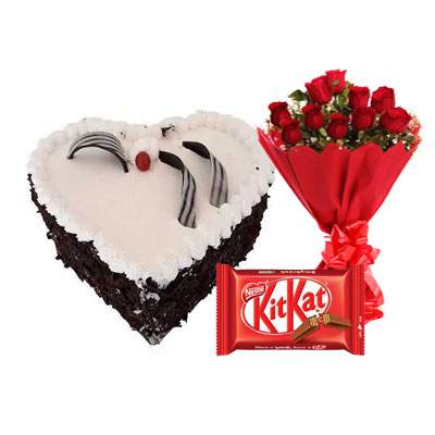 Eggless Heart Black Forest Cake, Red Roses & Kitkat