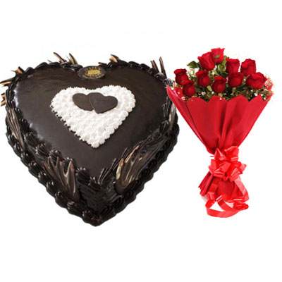 Eggless Heart Chocolate Cake & Red Roses