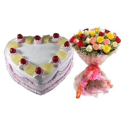 Eggless Heart Pineapple Cake & Mix Roses