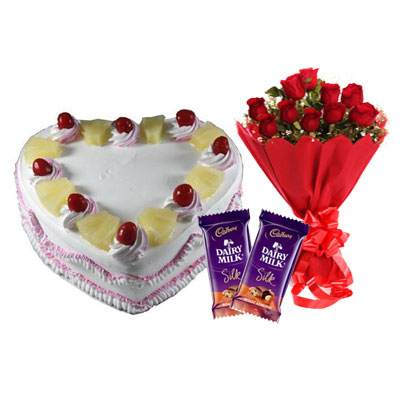 Eggless Heart Pineapple Cake, Red Roses & Silk