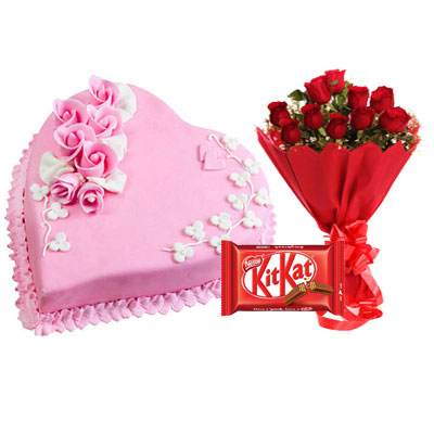 Eggless Heart Strawberry Cake, Red Roses & Kitkat