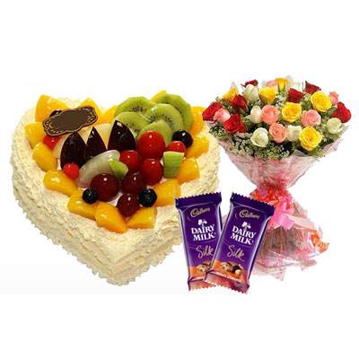 Fresh Fruits Heart Cake, Mix Roses & Silk