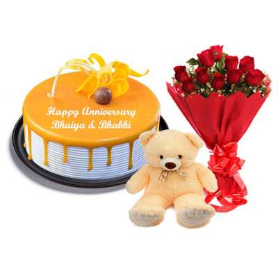 Butterscotch Cake, Bouquet & Teddy