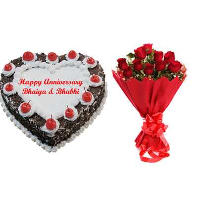 Heart Black Forest Cake & Bouquet