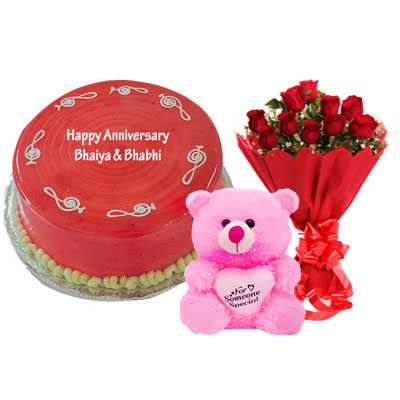 Strawberry Cake, Bouquet & Teddy