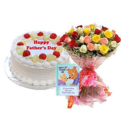Fathers Day Pineapple Cake, Bouquet & Card