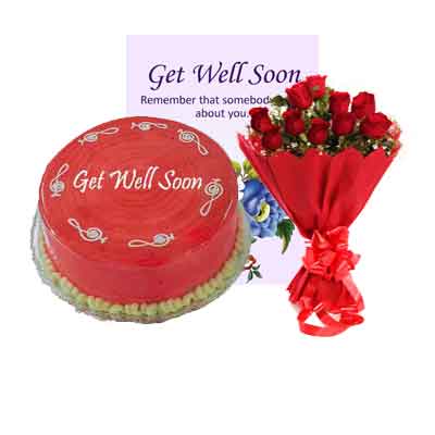 Get Well Soon Strawberry Cake With Bouquet & Card