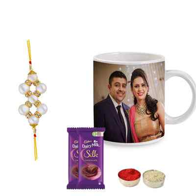 Pearl Rakhi with Photo Mug & Silk