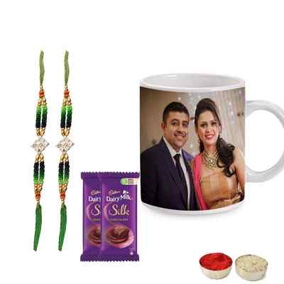 Set of 2 Kundan Rakhi with Photo Mug & Silk