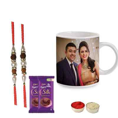 Set of 2 Rudraksha Rakhi with Photo Mug & Silk