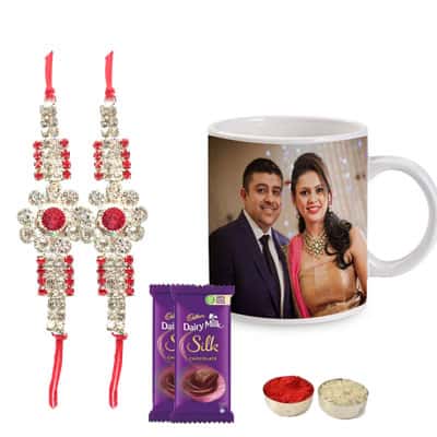 Set of 2 Designer Rakhi with Photo Mug & Silk