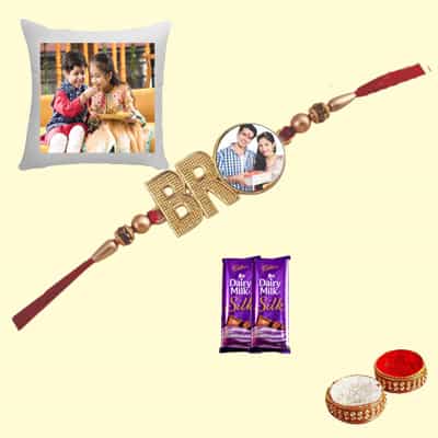 Personalized Metal Bro Rakhi with Cushion & Silk