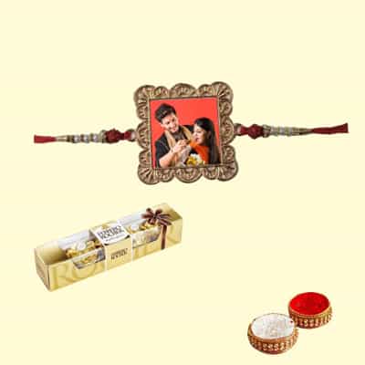 Personalized Metal Square Rakhi with Ferrero