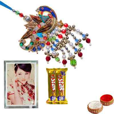 Zardosi Peacock Lumba Rakhi with Glass Photo Frame & 5 Star