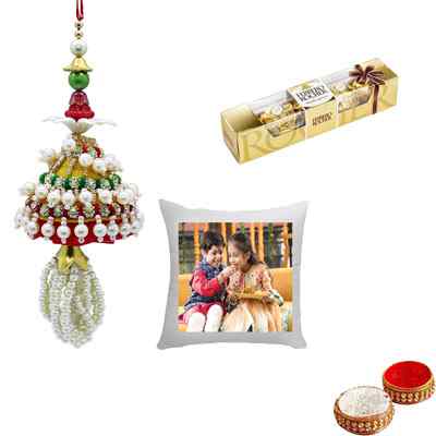 Beautiful Pearl Lumba Rakhi for Bhabhi with Cushion & Ferrero